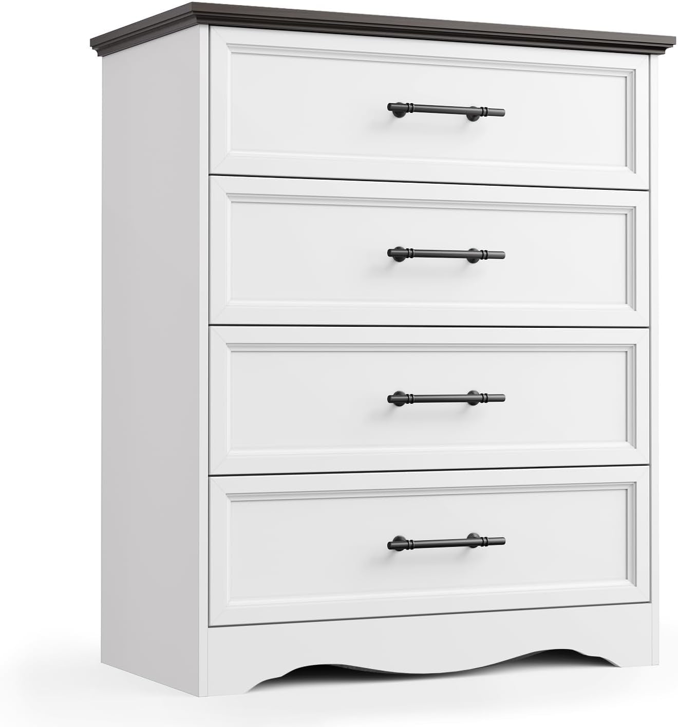 White four-drawer chest front-left angle with dark wood top and curved base