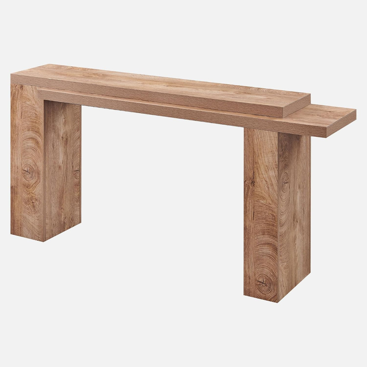 Three-quarter isolated studio shot of the console showing staggered dual tabletop and block legs on white background.