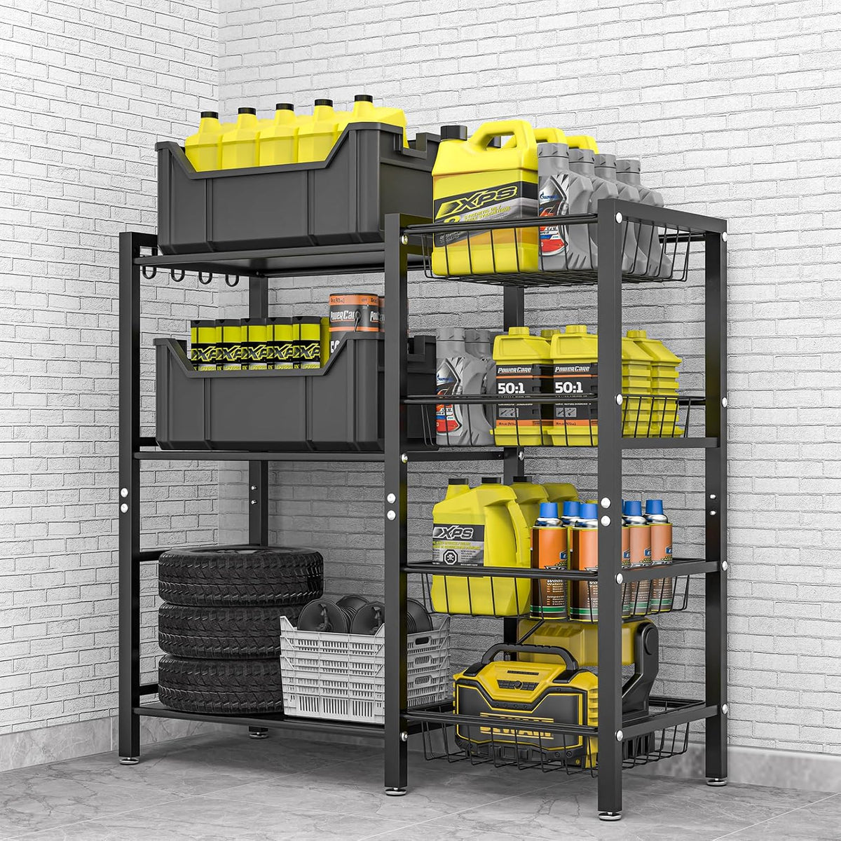 Heavy-duty rack in a garage scene holding large plastic storage bins, containers and stacked tires.