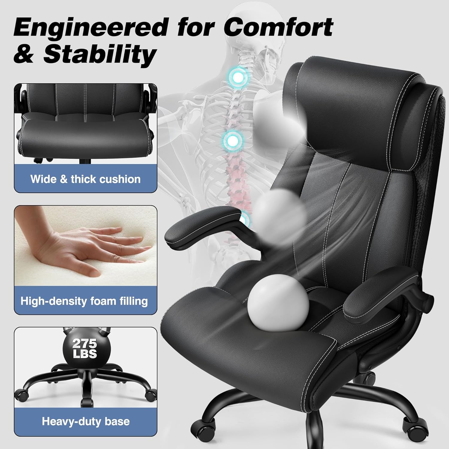 Composite graphic showing a wide seat cushion, high-density foam callout, and the heavy-duty five-star base