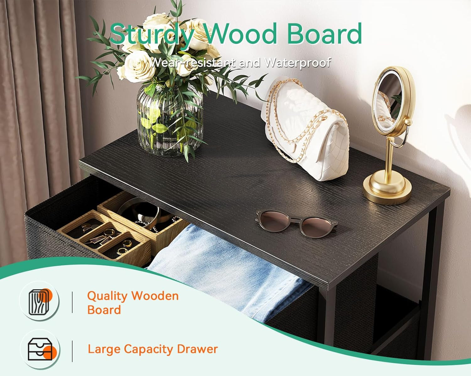 Close-up of the dresser's dark wood top with sunglasses, a vase of flowers and a purse nearby.