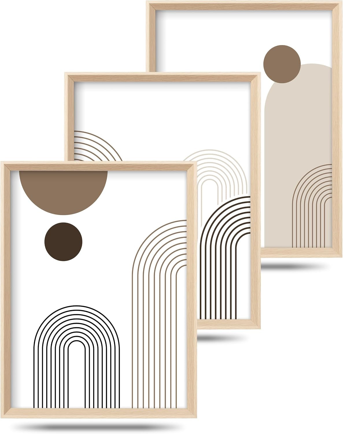 Three light-wood framed prints featuring minimalist arches and circular shapes in brown and beige on white backgrounds.