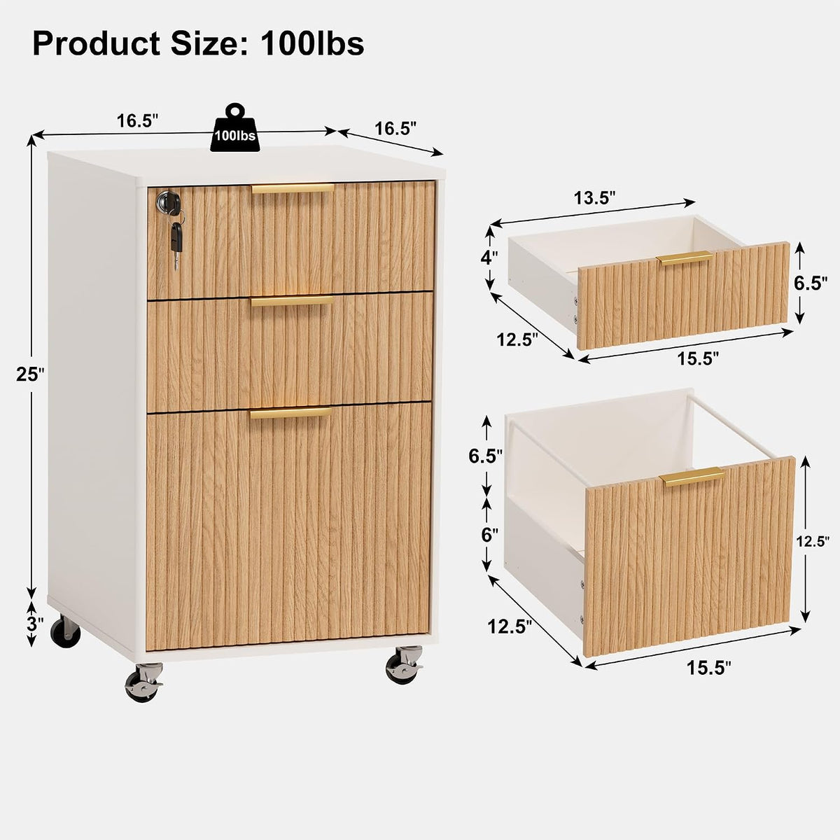 Illustrated diagram of the white-and-oak cabinet showing drawer layout, exploded drawer views and measurement overlays
