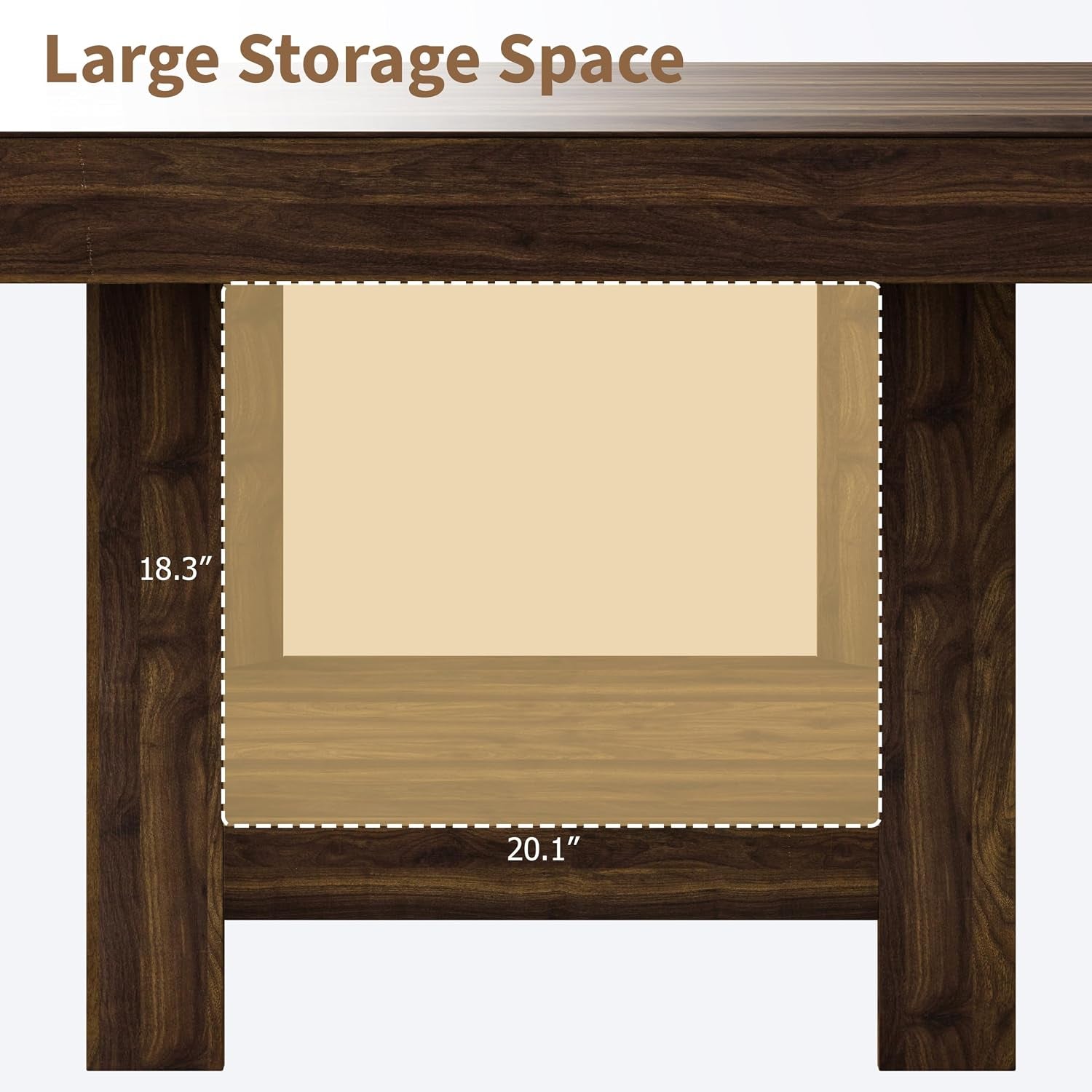 Front-facing view of the table legs and lower shelf with a dashed box showing the storage opening