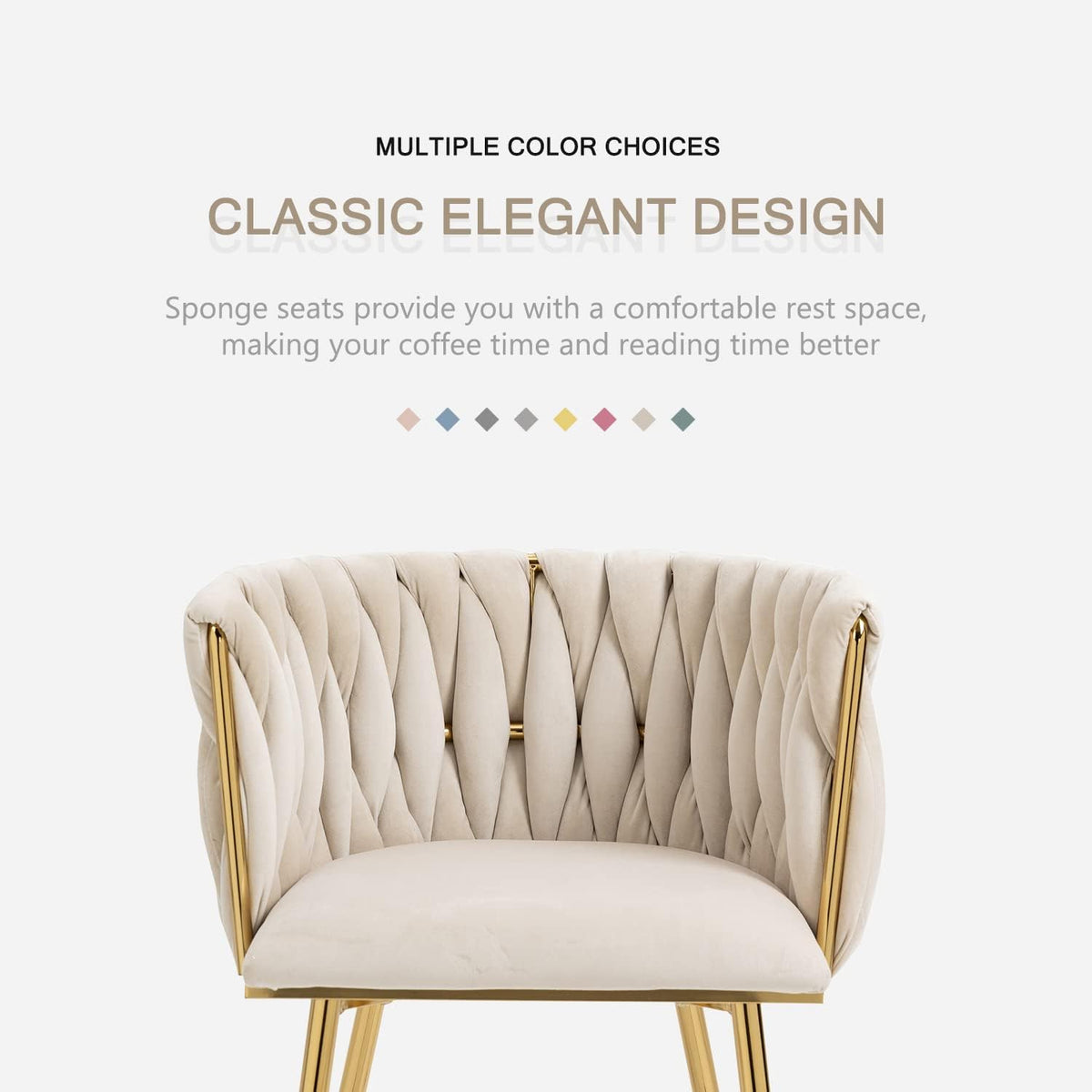 Cropped front view highlighting the curved quilted velvet backrest and visible gold metal frame and legs.