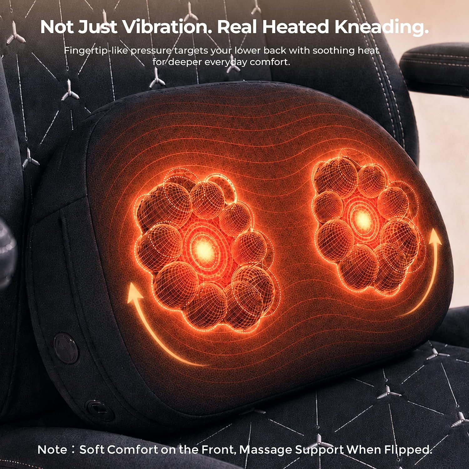 Close-up of lumbar pillow showing heated kneading massage graphics on fabric surface