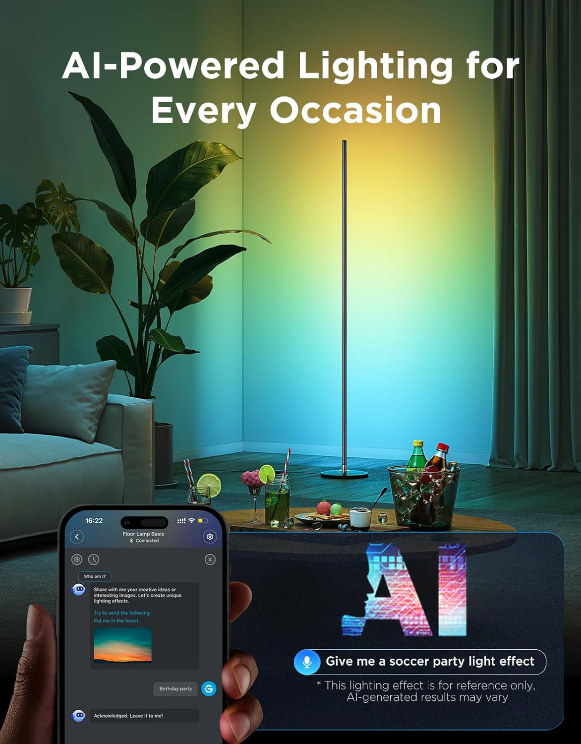 Hand holding a phone showing an app while a tall floor lamp casts teal-to-yellow ambient light in a living room corner