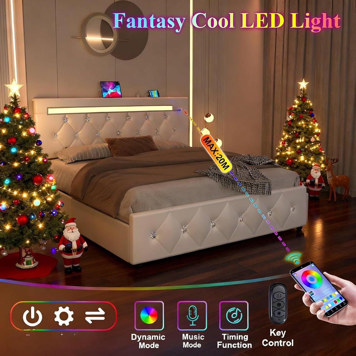 Bed with illuminated headboard shown with phone app and remote controlling multicolor LED strip in a decorated room