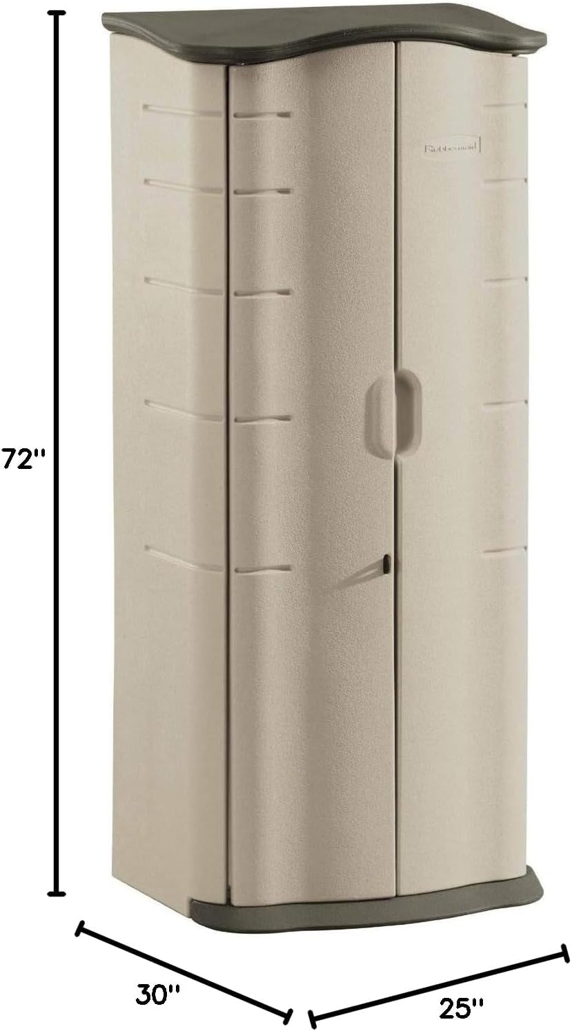 Front view of closed beige storage cabinet on a white background with black arrows indicating height and footprint.