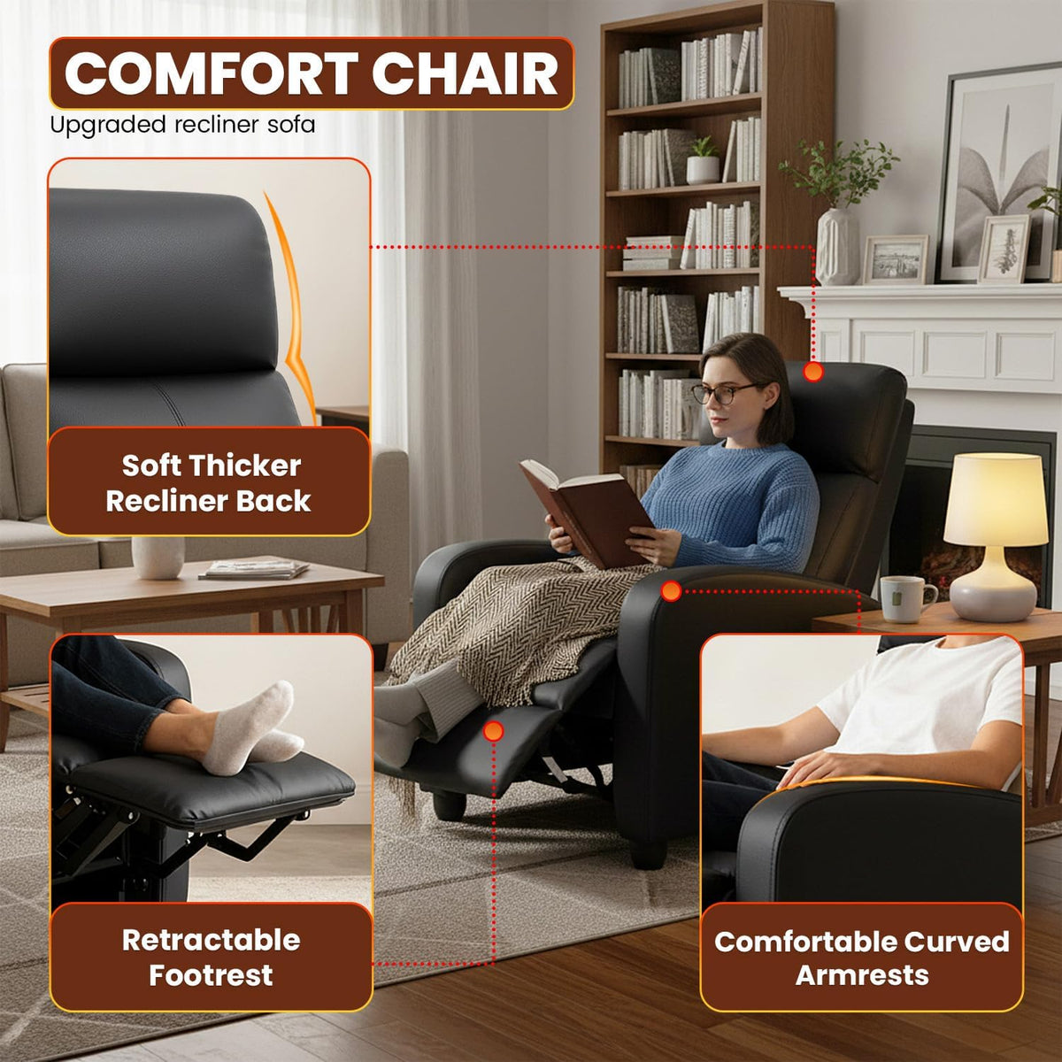 Black recliner with callouts highlighting soft thicker back, retractable footrest and curved armrests