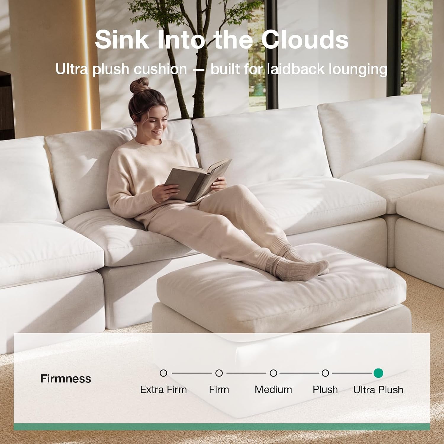 104.3" Modular Cloud Couch, Modern Sectional Sofa with Smarts Coil® Support, Chenille Fabric, Upholstered Couch for Living Room Apartments Bedroom, No Assembly, 3 Seater + 1 Ottoman, White