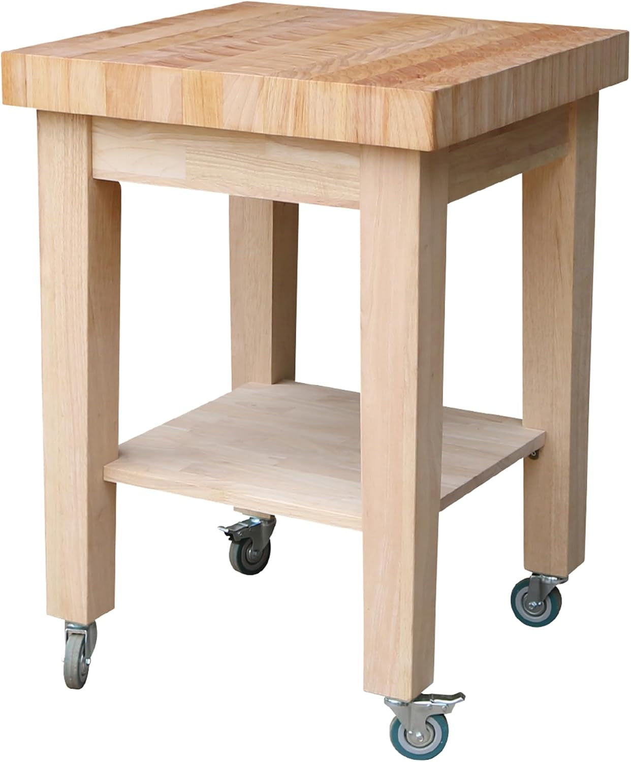 Three-quarter angle of the island cart highlighting the lower shelf and a caster with a visible foot lock