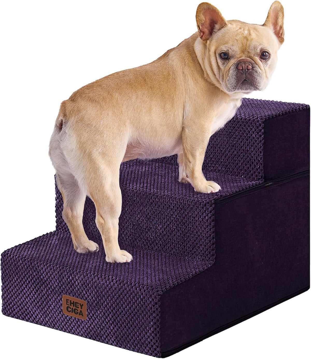 Deep purple four-step stairs shown from the side with a tan French bulldog standing near the top