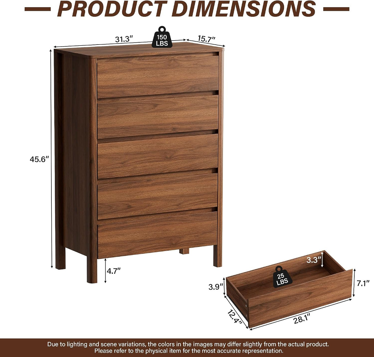 Tall walnut dresser with dimension overlay showing 31.3" W x 15.7" D x 45.6" H and drawer measurement callouts