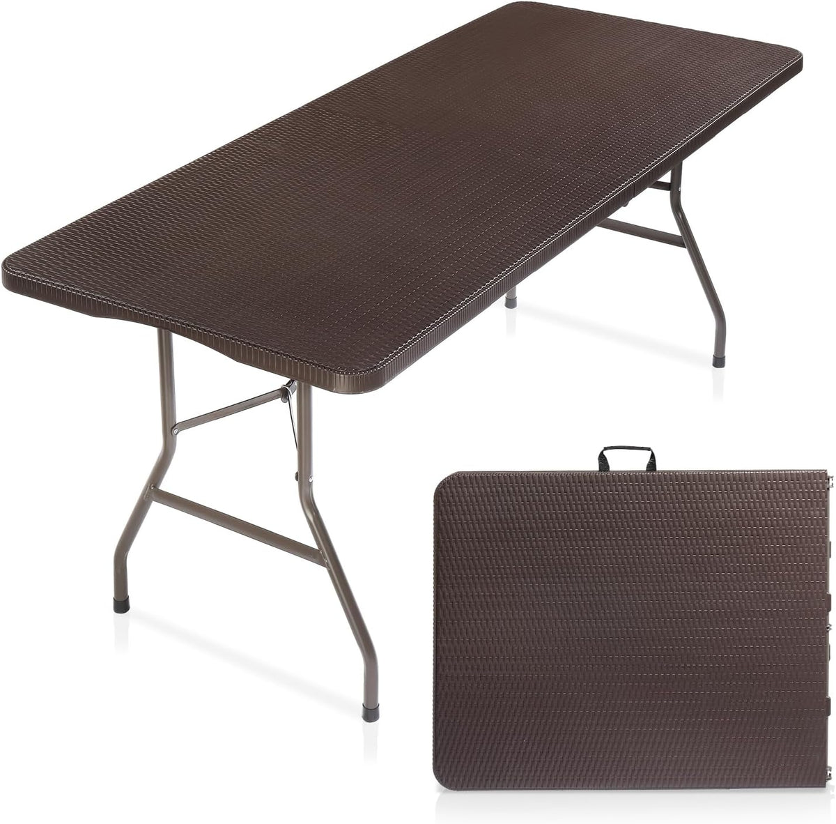 Brown folding table with textured top set up with its folded carry case visible in the foreground