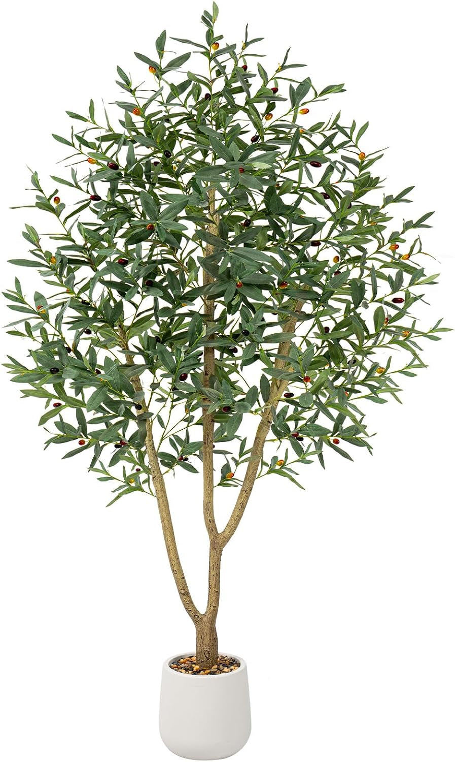 Tall faux olive tree with many small dark and yellow fruit-like accents and narrow leaves in a white planter.