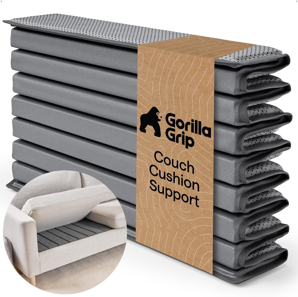 Folded grey sofa support board on a white background with an inset showing the board placed inside a couch