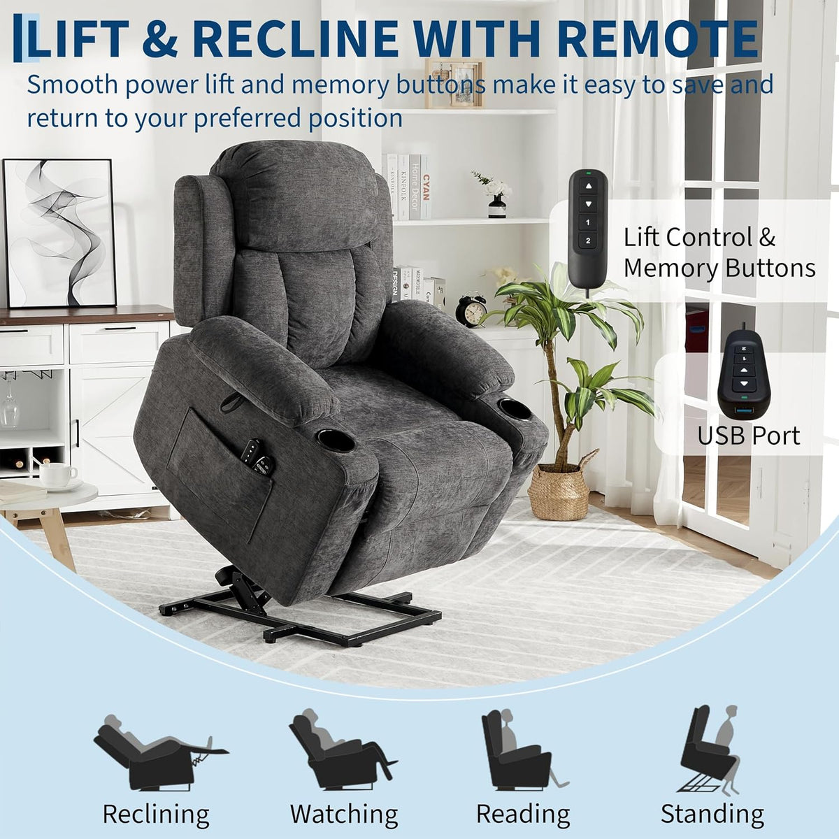 Grey chenille power lift recliner tilted in lifted position with remote controls and a USB port callout