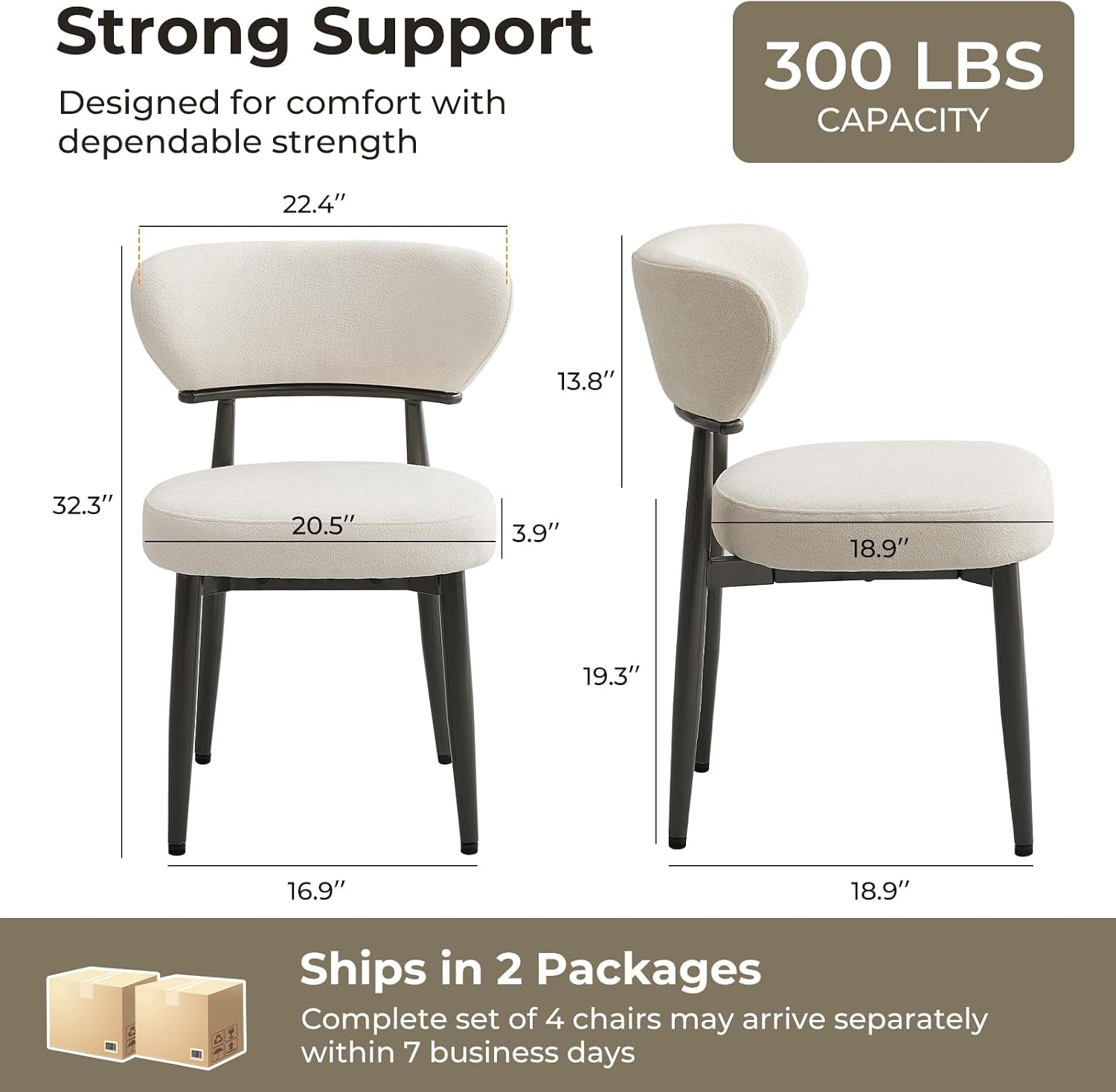 Front and side chair views with labeled dimensions, 300 lb capacity, and a two-package shipping note.