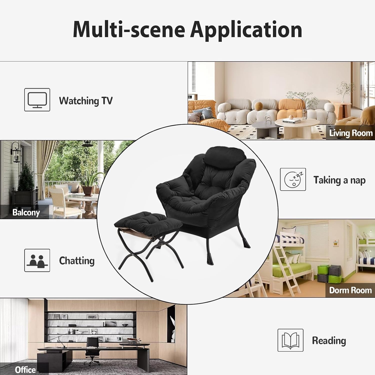 Marketing collage showing the chair-and-ottoman centered with various room scenes around it.