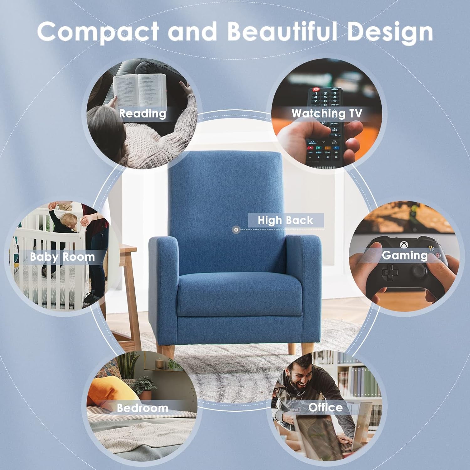 Graphic layout showing the blue chair centered with circular lifestyle images surrounding it.