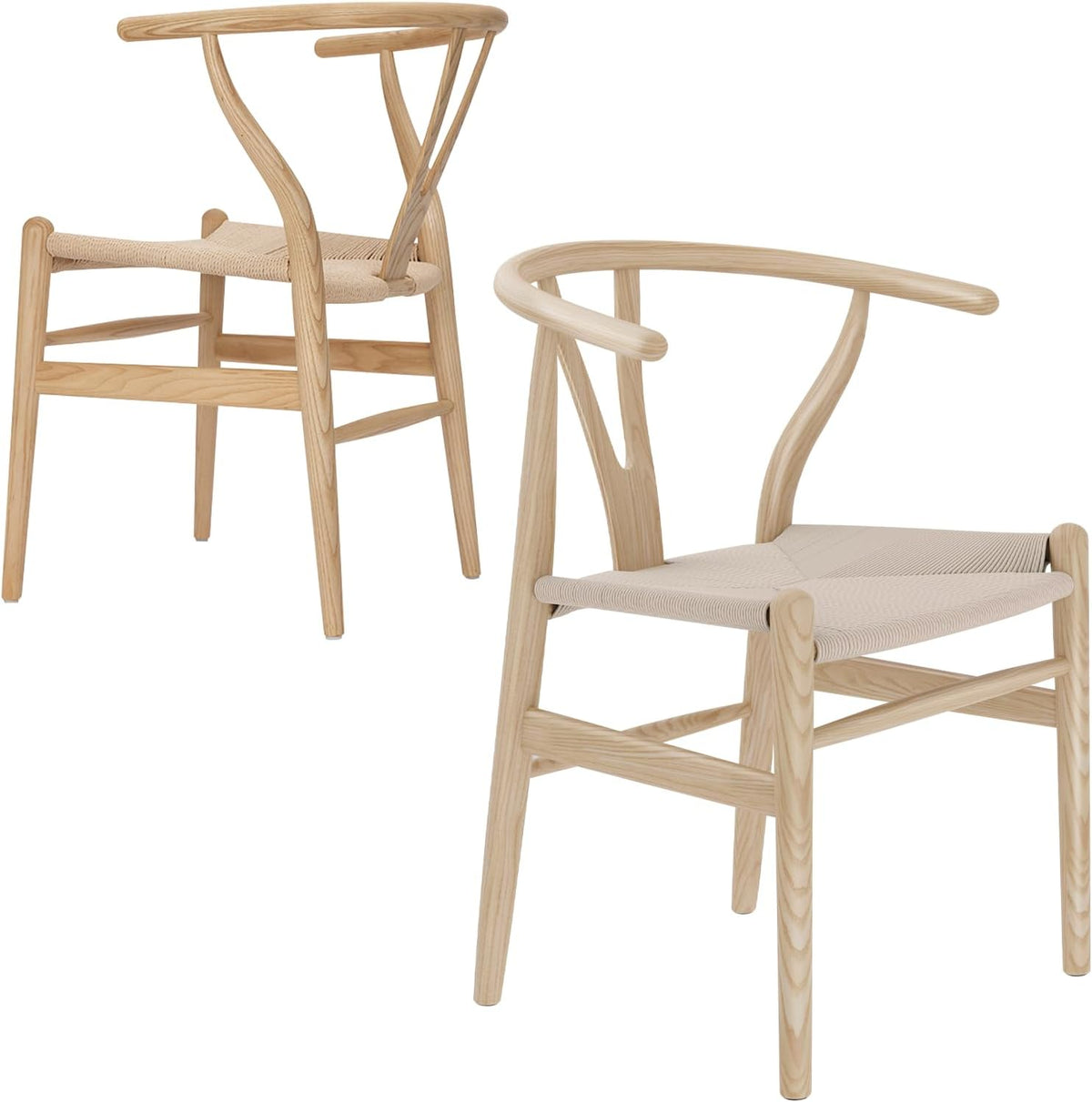 Natural ash dining chairs shown from a three-quarter rear and front angle on a white background