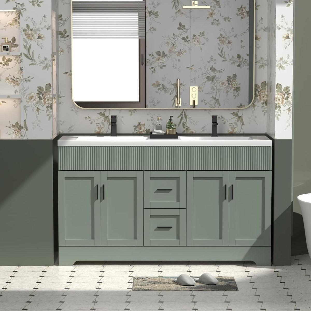 Wide green double-sink vanity with fluted top drawer panel and floral wallpaper behind