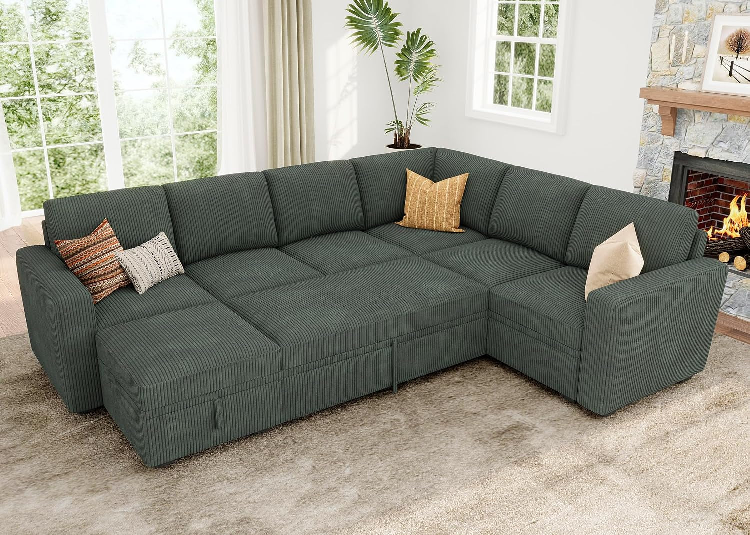 Modular Sectional Sleeper Sofa with Pull Out Bed, Corduroy Couch with Storage Seats Ottoman, U Shaped Sectional Couches for Living Room, Green