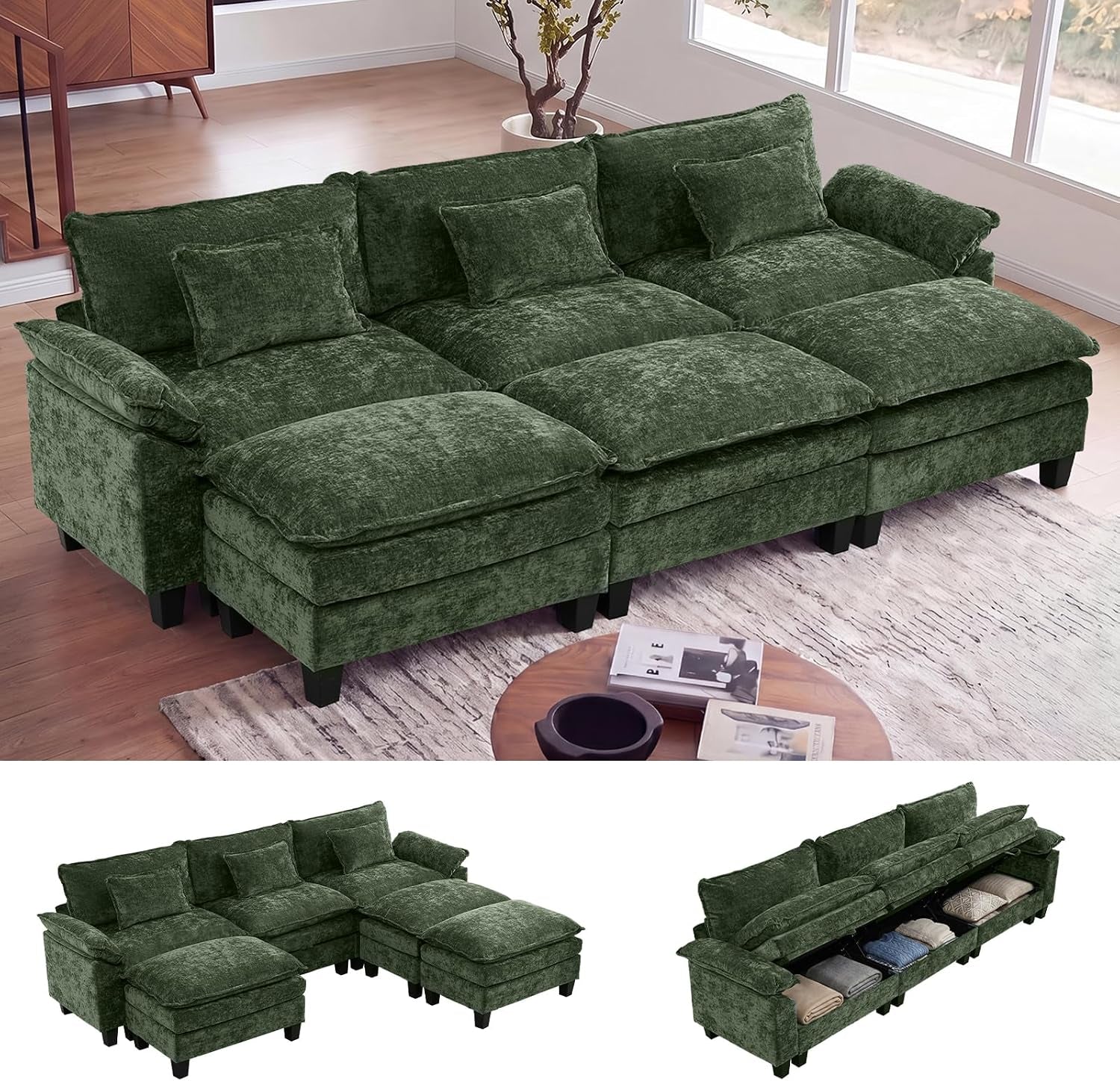 Forest-green modular sectional shown from front with plush cushions and ottoman units in a bright room