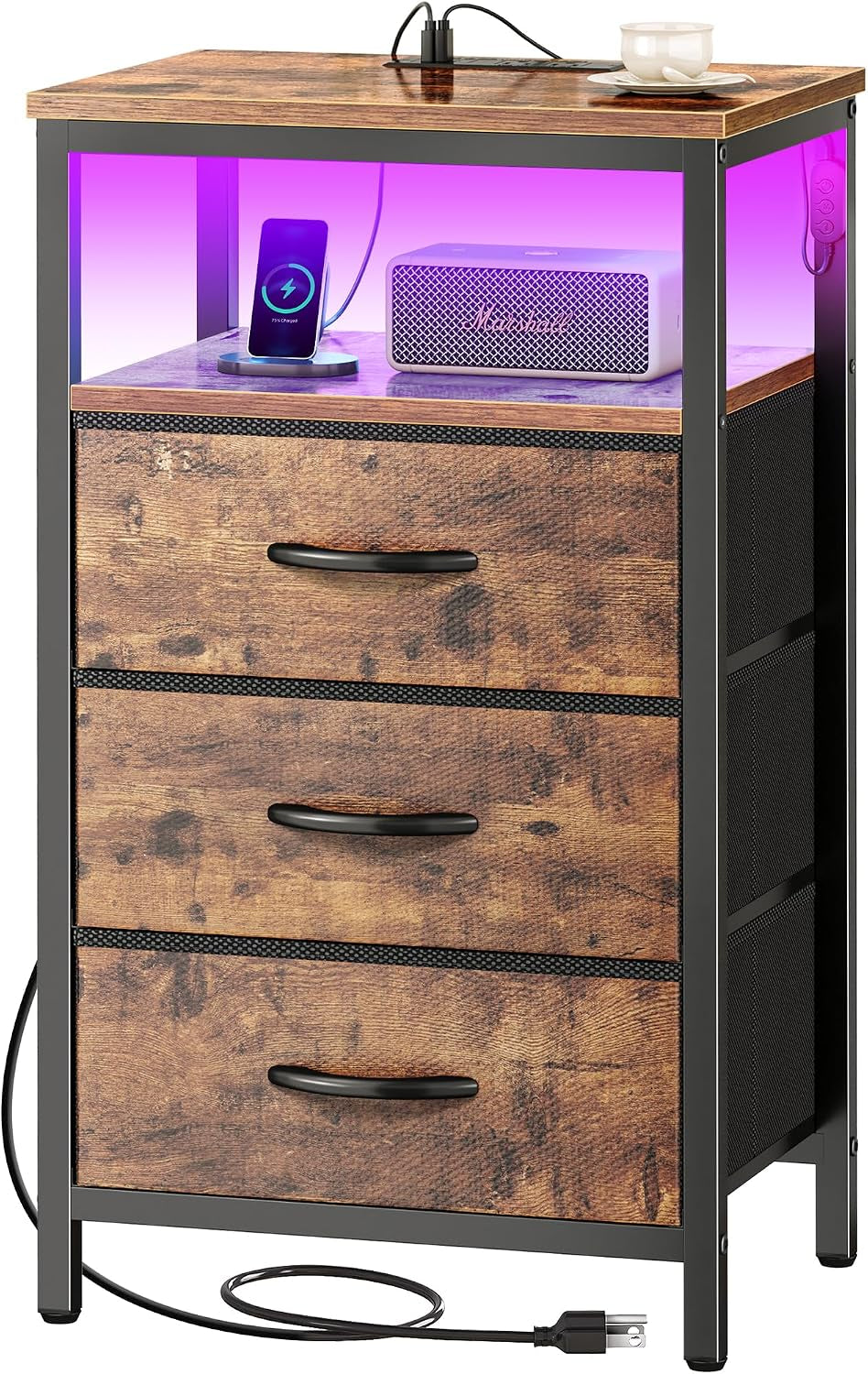 Nightstand with three rustic brown wood drawers, purple-lit open shelf holding speaker and phone charger.