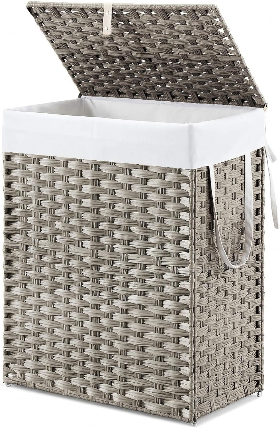 Light gray woven hamper in studio with lid open revealing an empty white removable liner interior.