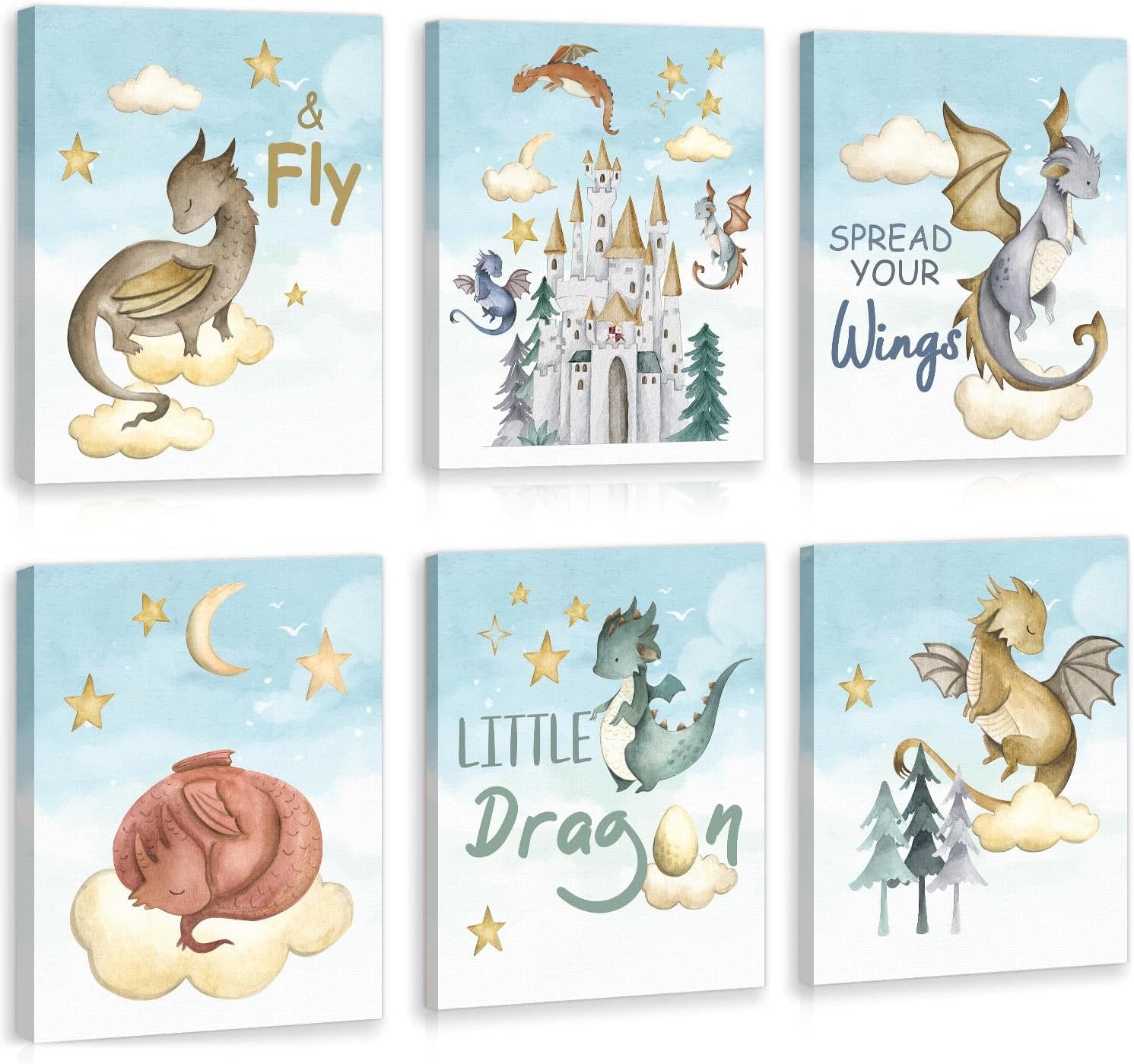 Nine whimsical nursery canvases showing watercolor dragons, stars, moons and a castle in soft blue tones.