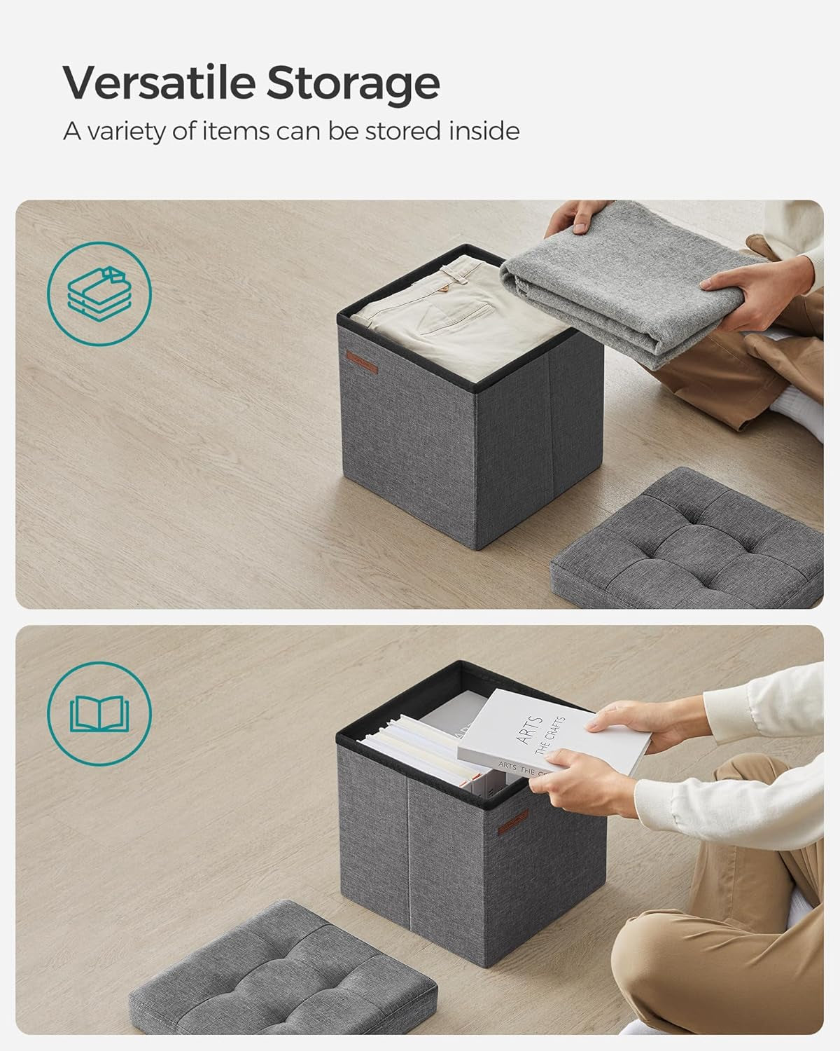 Open gray fabric storage cube on floor with folded clothes and a removed tufted lid beside it.