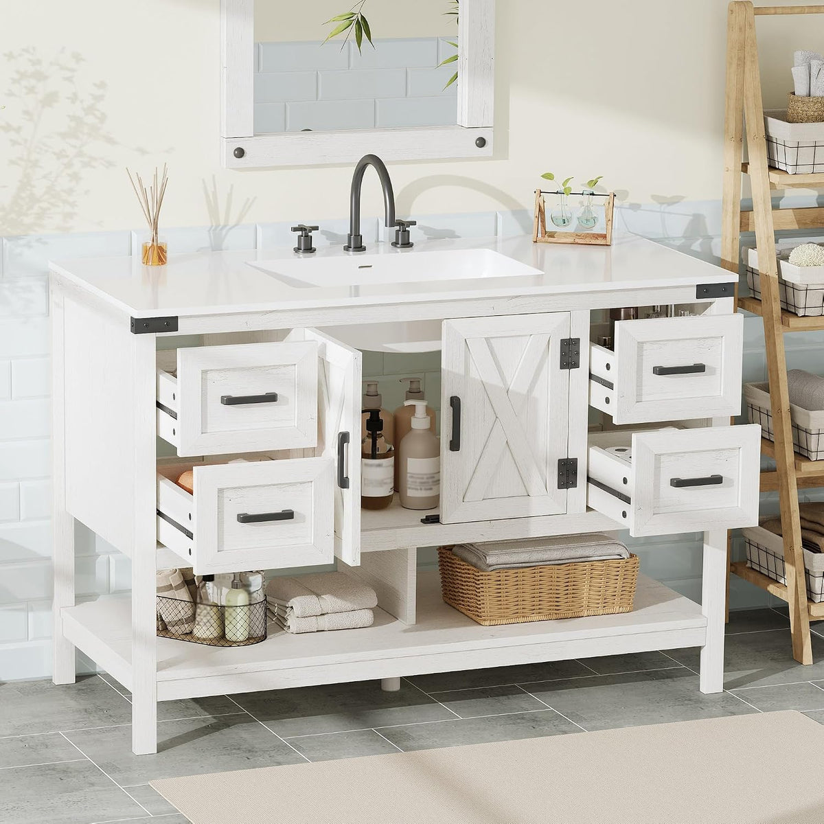 Vanity with cabinet doors and drawers open revealing internal storage, bottles and baskets on the open shelf below.