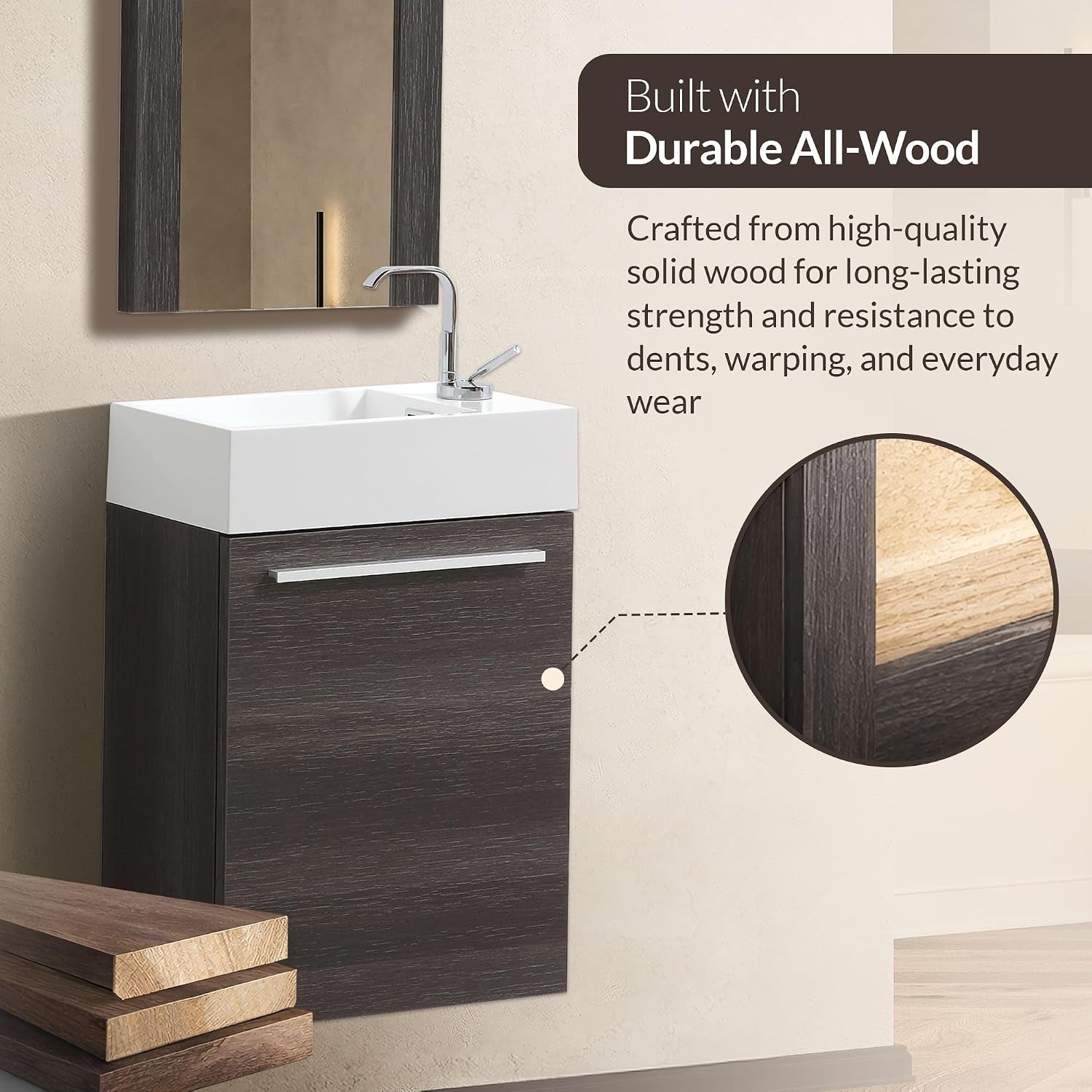 Front view of the dark wood vanity with inset circle showing a wood cross-section and stacked wood planks