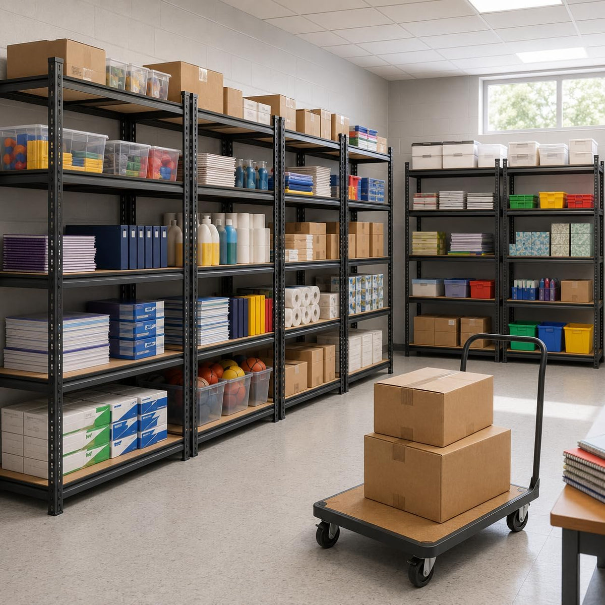 Warehouse-style storage room with multiple black shelving units and a wheeled platform cart holding boxes