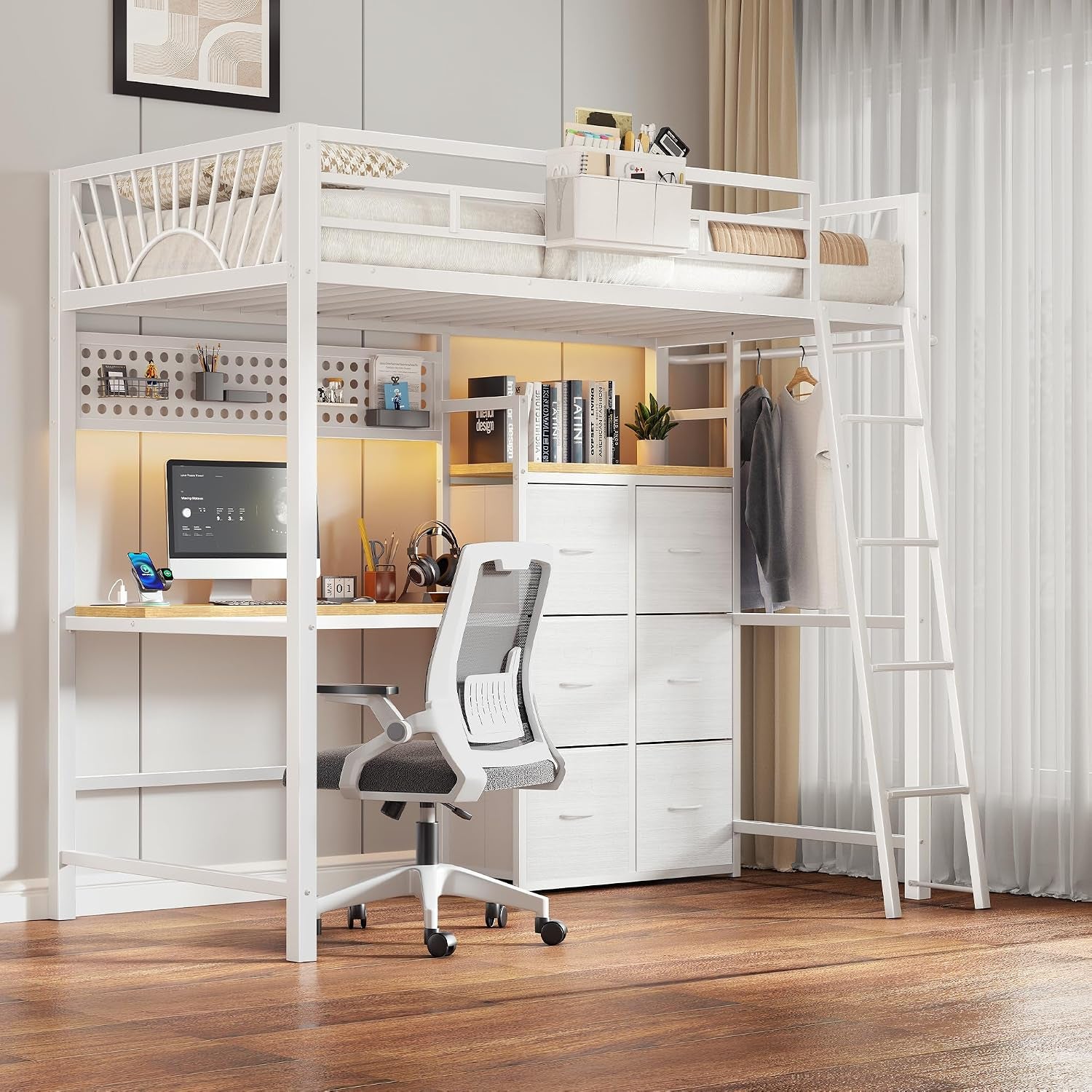White twin loft bed with built-in desk, chair, ladder and six drawer storage in a bright room