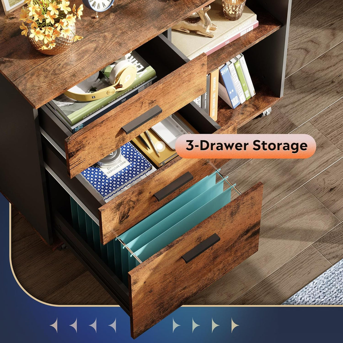 Top-down view of the cabinet showing two upper drawers open and the open shelving filled with books and decor