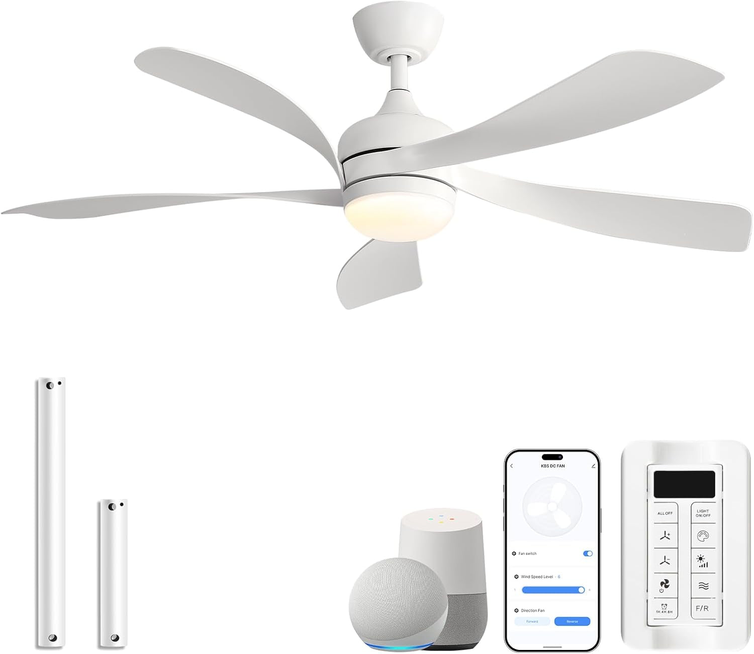 All-white 52" ceiling fan with five curved white blades and integrated light