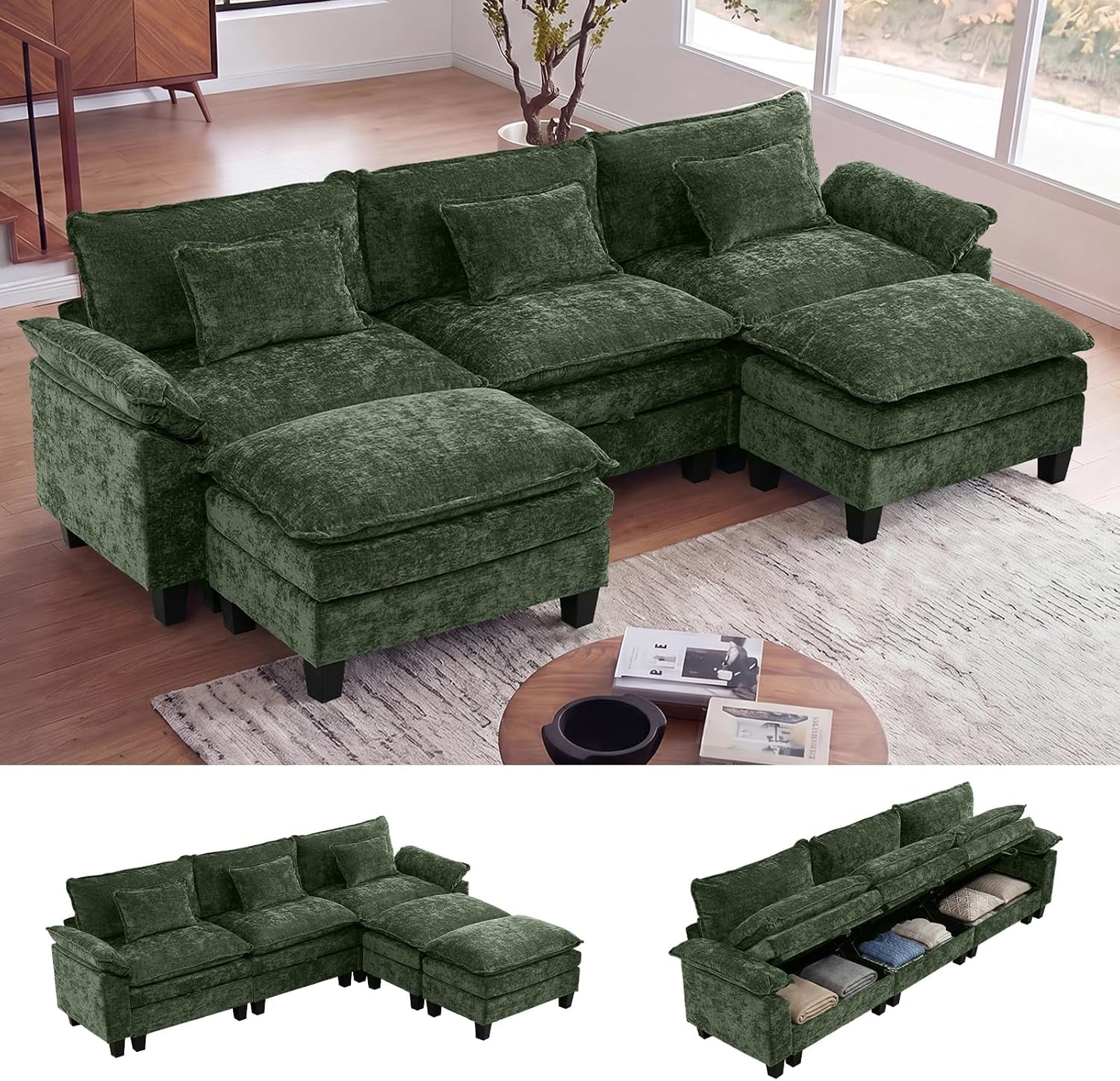 Deep green modular sectional with three seats and moveable ottomans arranged in a living room setting