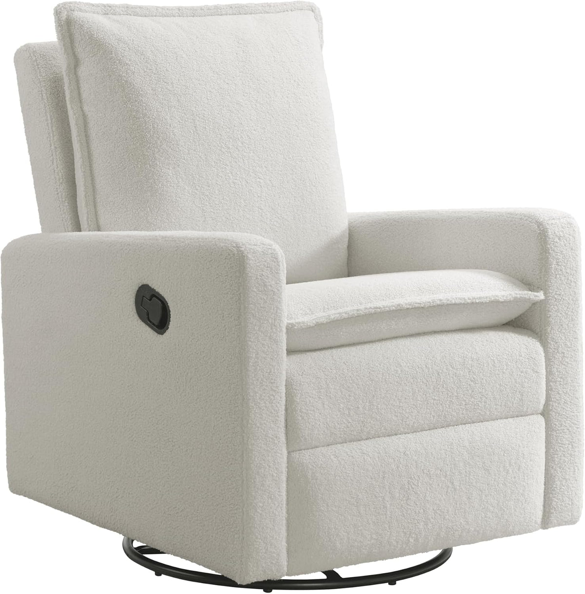 Three-quarter front view of a white boucle swivel glider recliner on a round metal base.