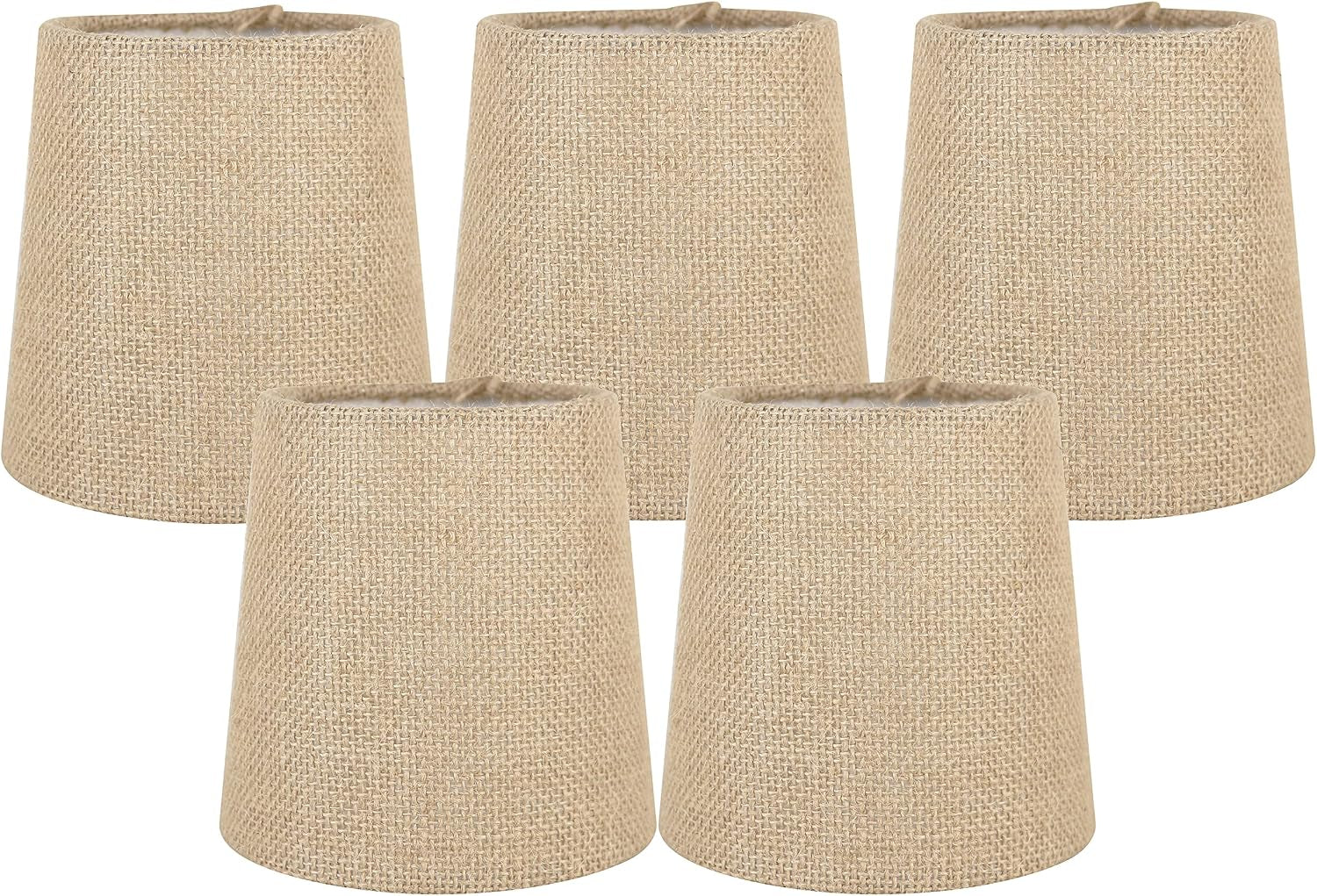 Natural burlap clip-on chandelier shades arranged in a set of five, front view on white background