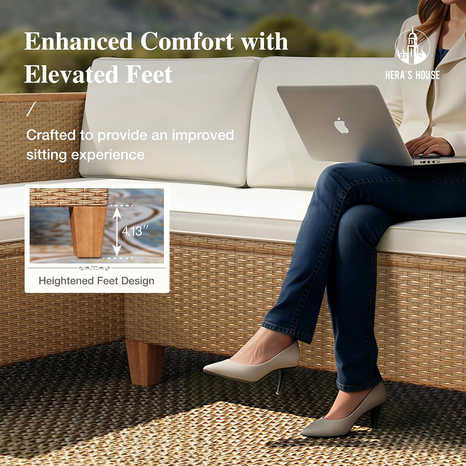 Sectional corner showing elevated wooden legs and a seated person using the sofa, angled side view