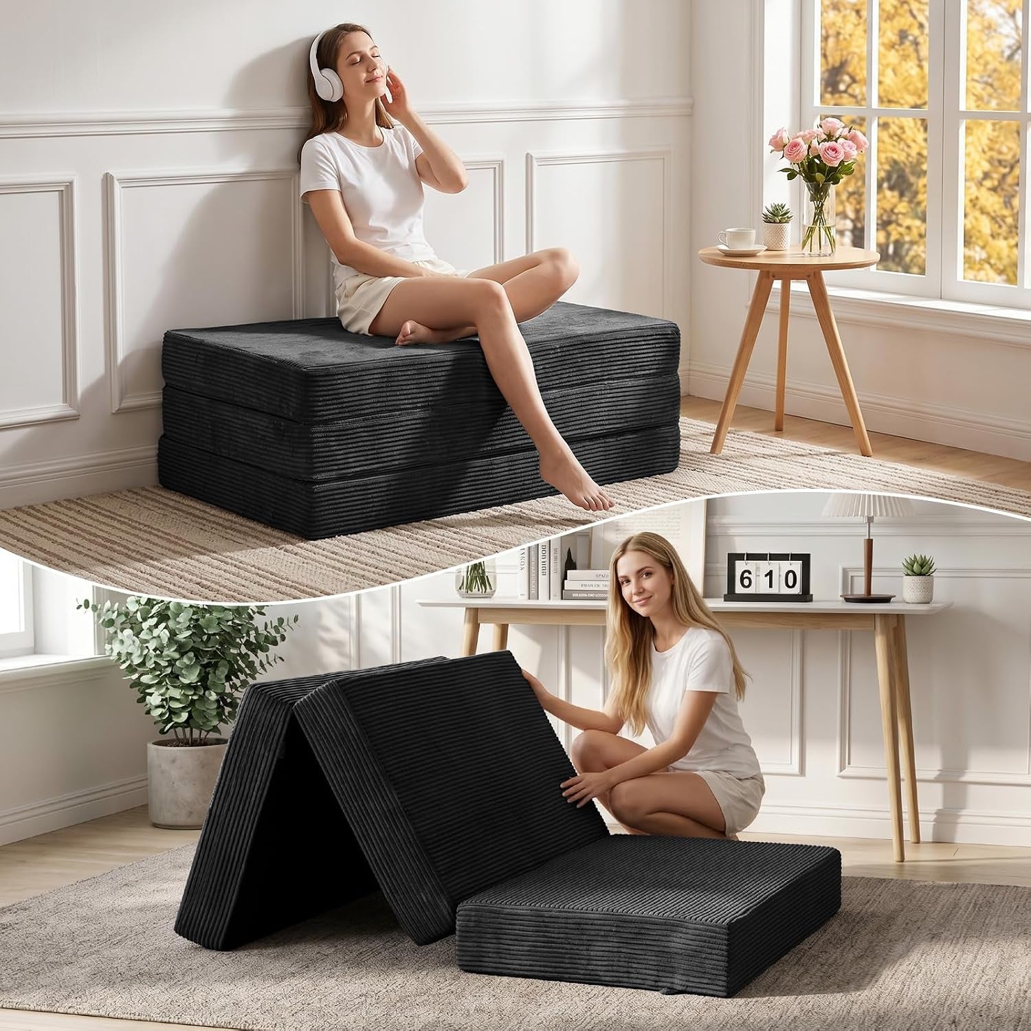 Dark gray tri-fold mattress shown stacked as seating and folded into an A-frame with a woman arranging it.