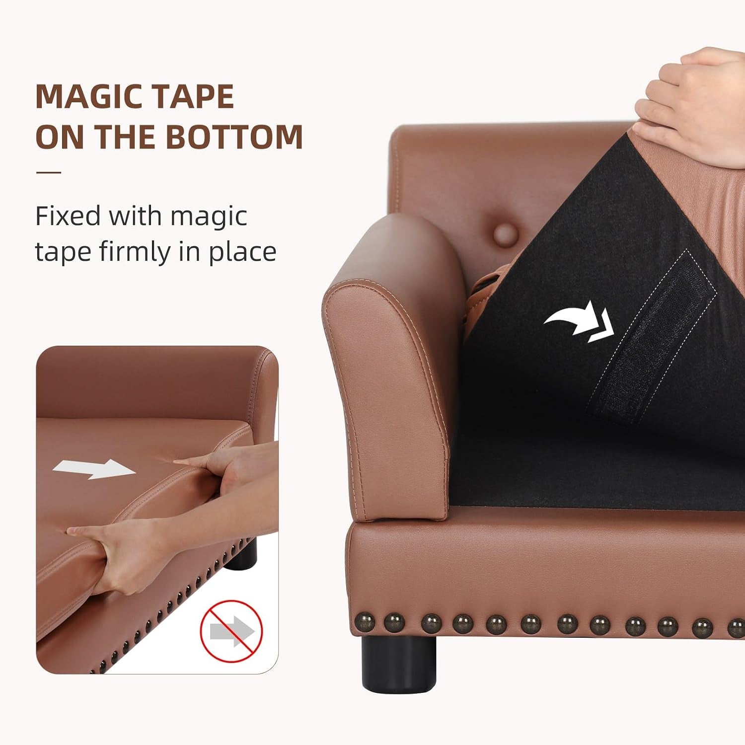 Close detail of the sofa corner with a hand lifting the black underside to reveal a strip of hook-and-loop tape.