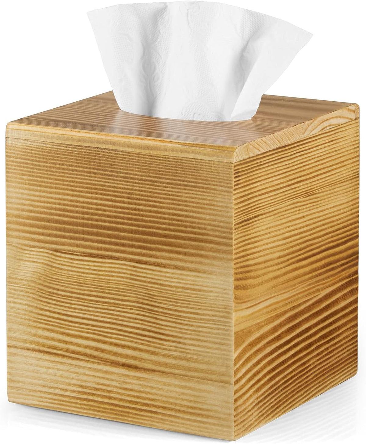 Light wood square tissue cover with visible wood grain photographed against white.