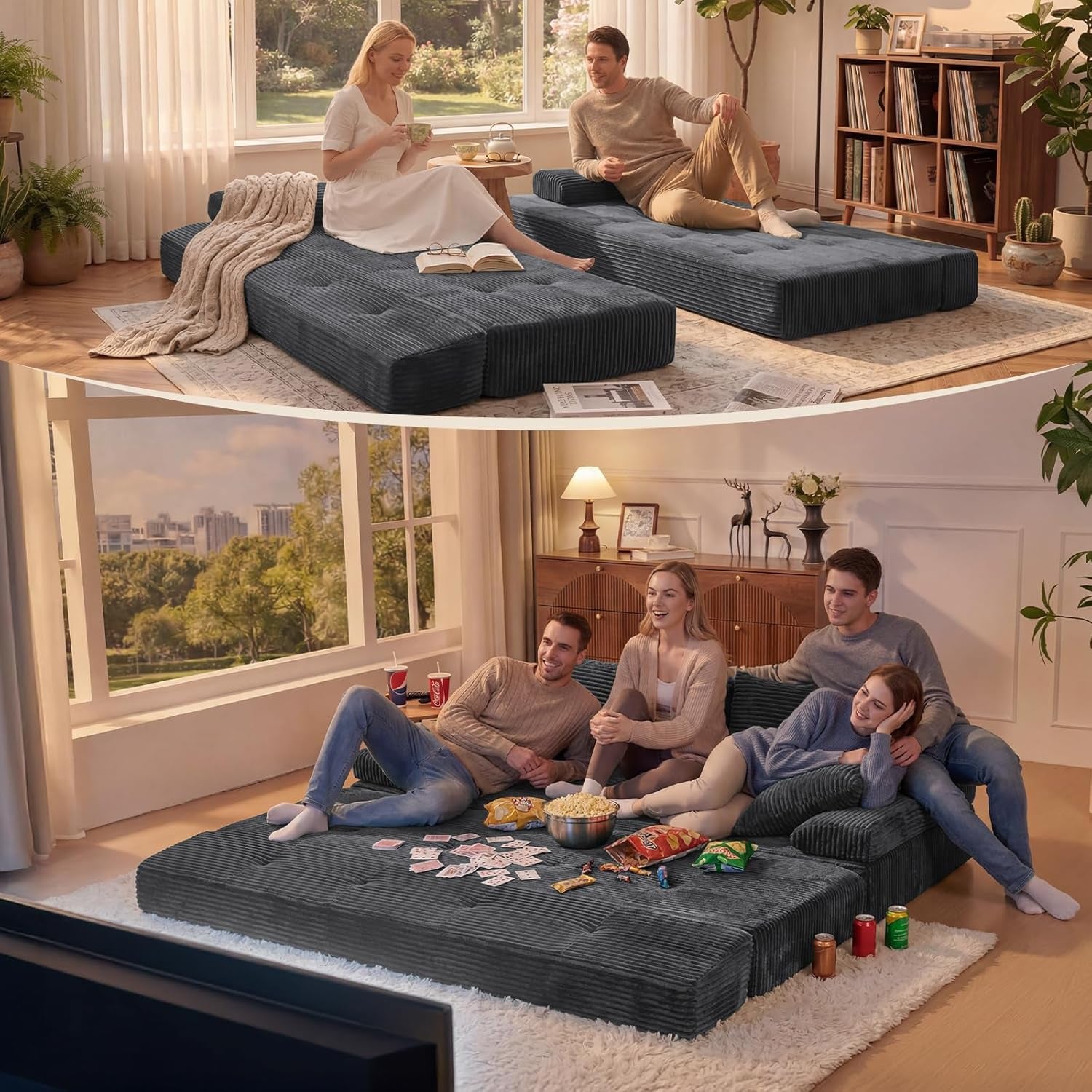 Two unfolded grey corduroy mattresses used as lounge seating in a sunlit living room