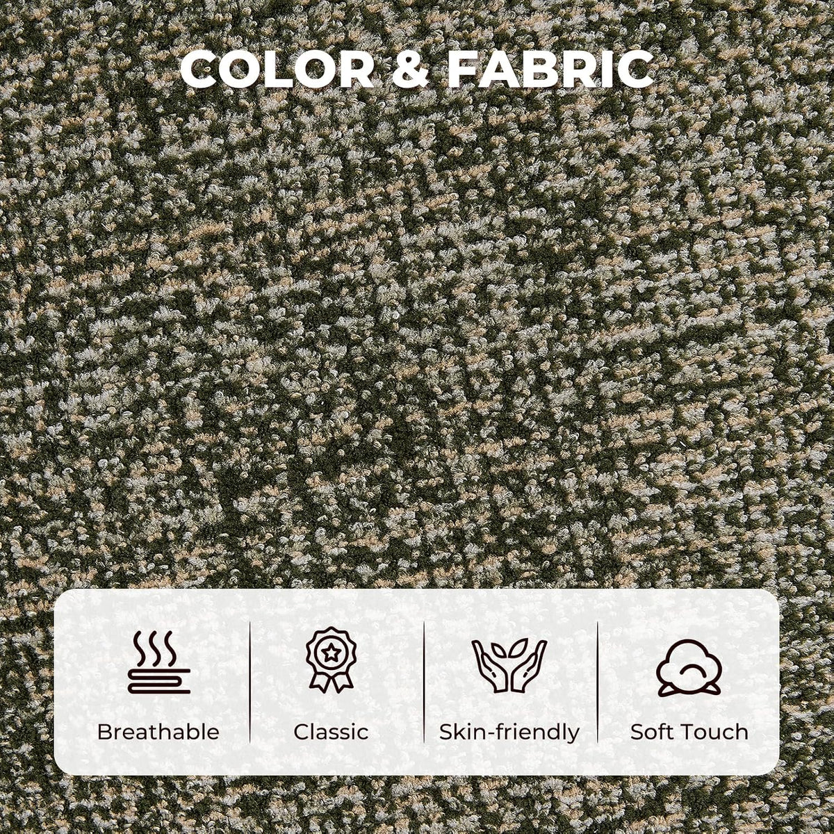 Close-up of olive green chenille fabric texture showing woven looped pile and mottled color variations