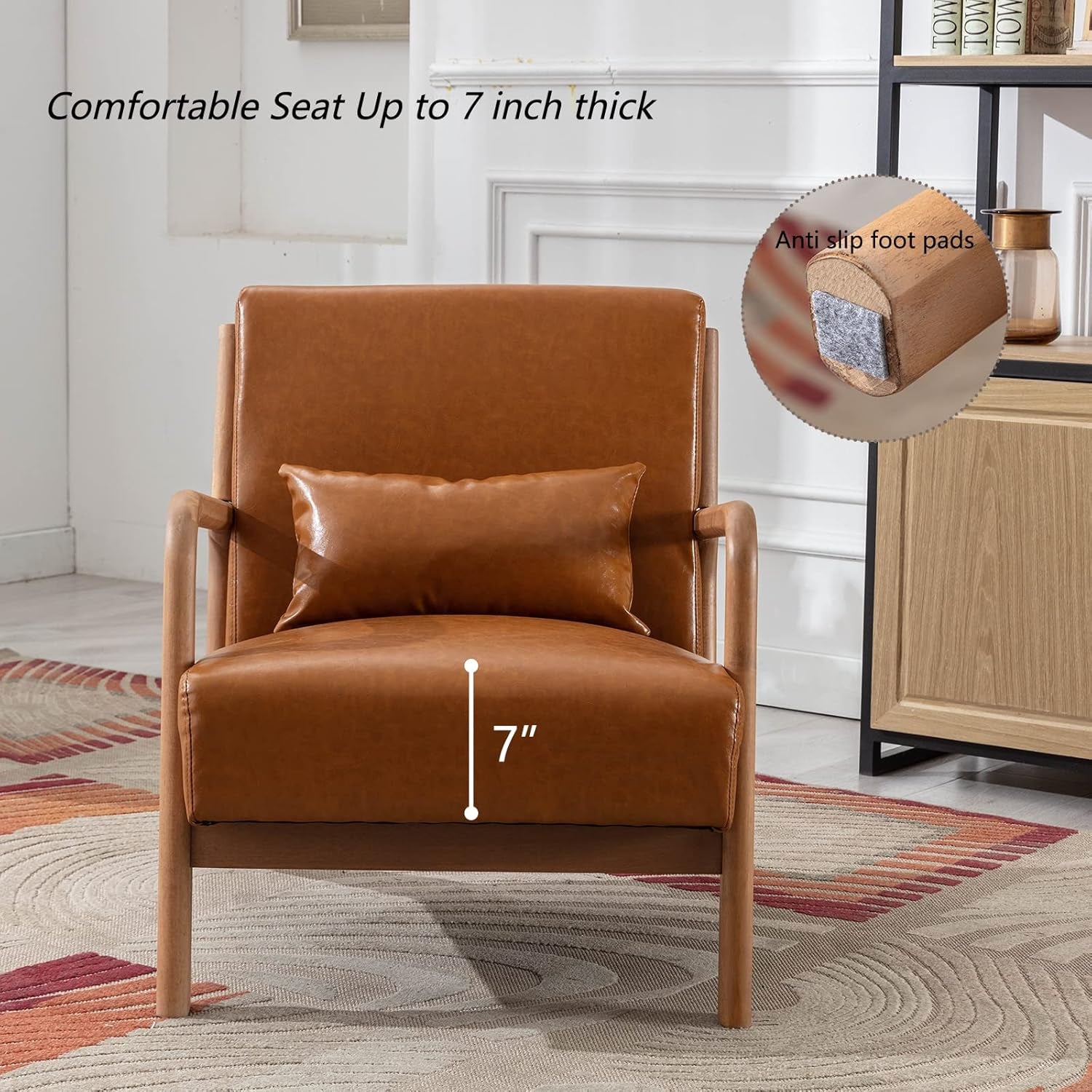Front view of camel PU leather chair highlighting 7-inch seat thickness and foot pad detail