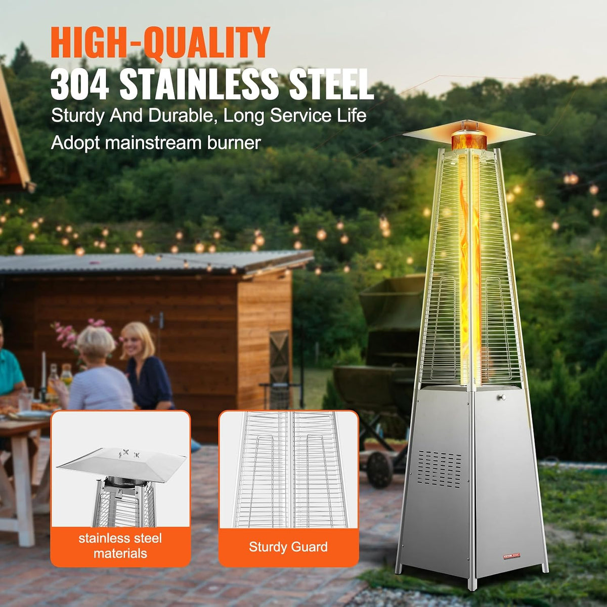 Stainless steel pyramid heater outdoors angled view highlighting protective metal guard and reflective top